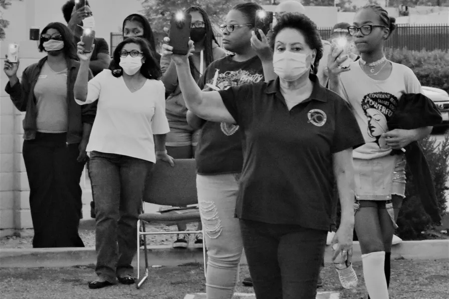 District 12 International Staff Representative Rosie Gonzalez, Norma Torres Congresswoman 35th District and Crowd, Take a Stand Against Institutional Racism and Systemic Injustice